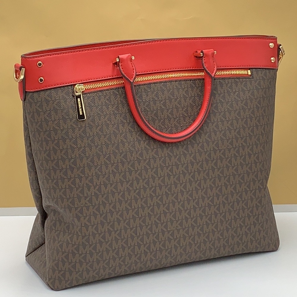 Michael Kors Jet Set Travel Large North South Tote Bag Brown MK Logo Fla… - Picture 5 of 16